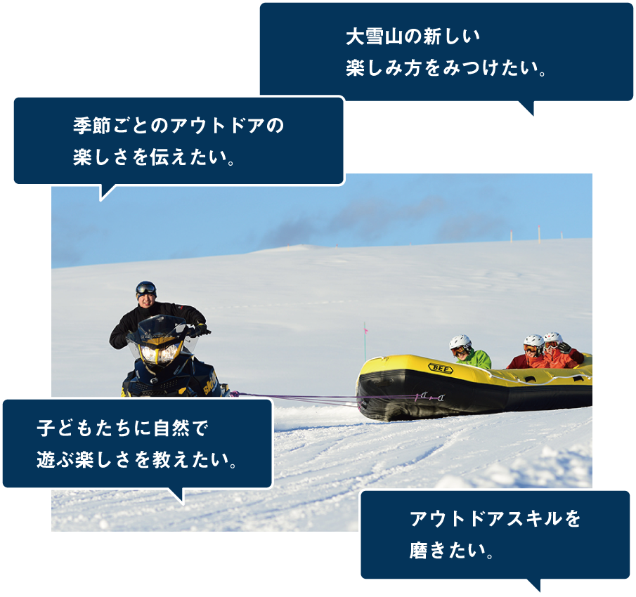 大雪山の新しい楽しみ方をみつけたい。季節ごとのアウトドアの楽しさを伝えたい。こどもたちに自然で遊ぶ楽しさを教えたい。アウトドアスキルを磨きたい。
